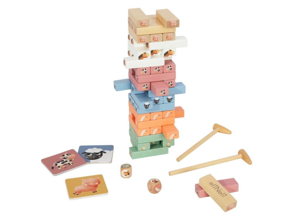Tour en bois jenga avec animaux de la ferme